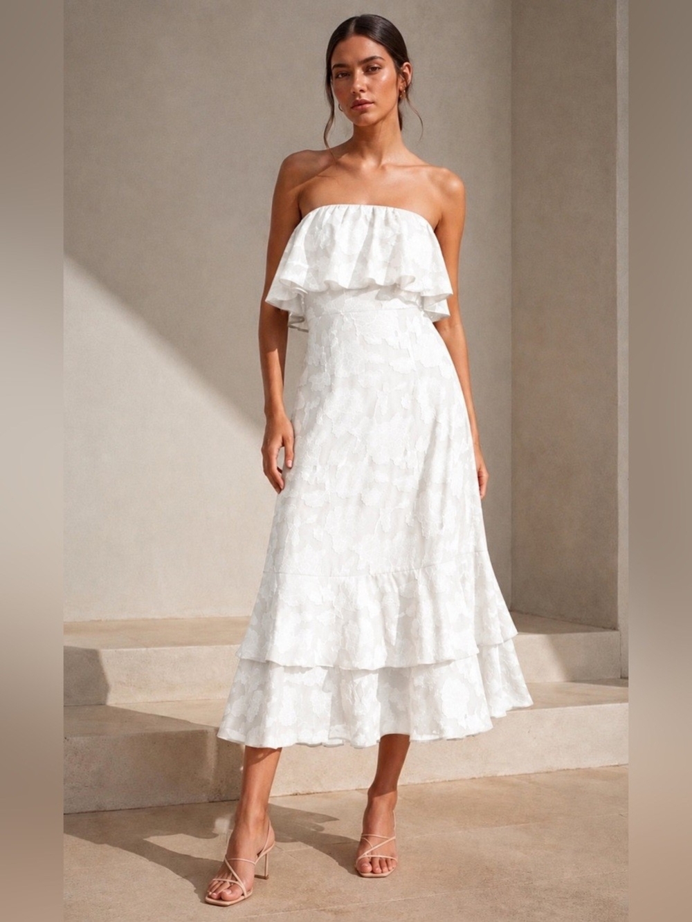 Lulus Strapless White Ruffled Midi Dress